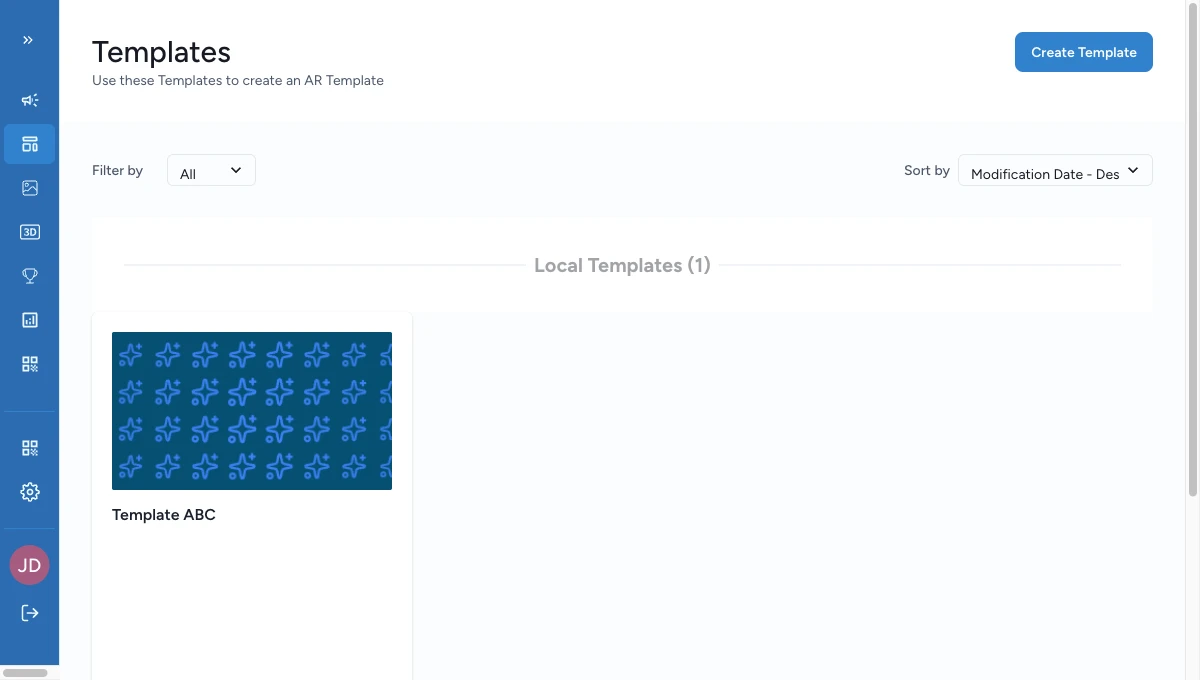 Template catalog showing a saved template tile and the Create Template button