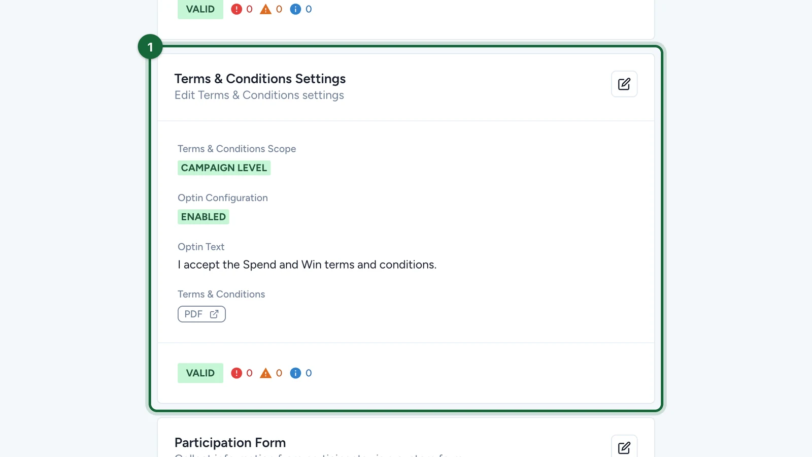 Terms & Conditions Settings with campaign level scope, opt-in enabled, the opt-in text and a PDF, highlighted