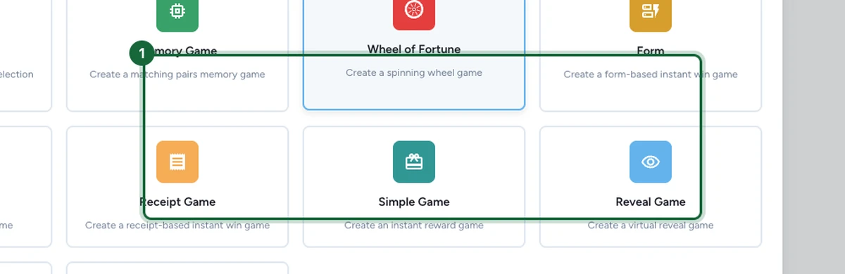 Game type picker grid with tiles for Memory Game, Wheel of Fortune, Form, Receipt Game, Simple Game, and Reveal Game; the 3D Selection Game tile is on the left
