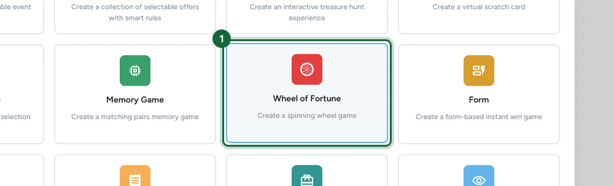 Touchpoint type picker with the Wheel of Fortune card highlighted alongside Memory Game and Form options