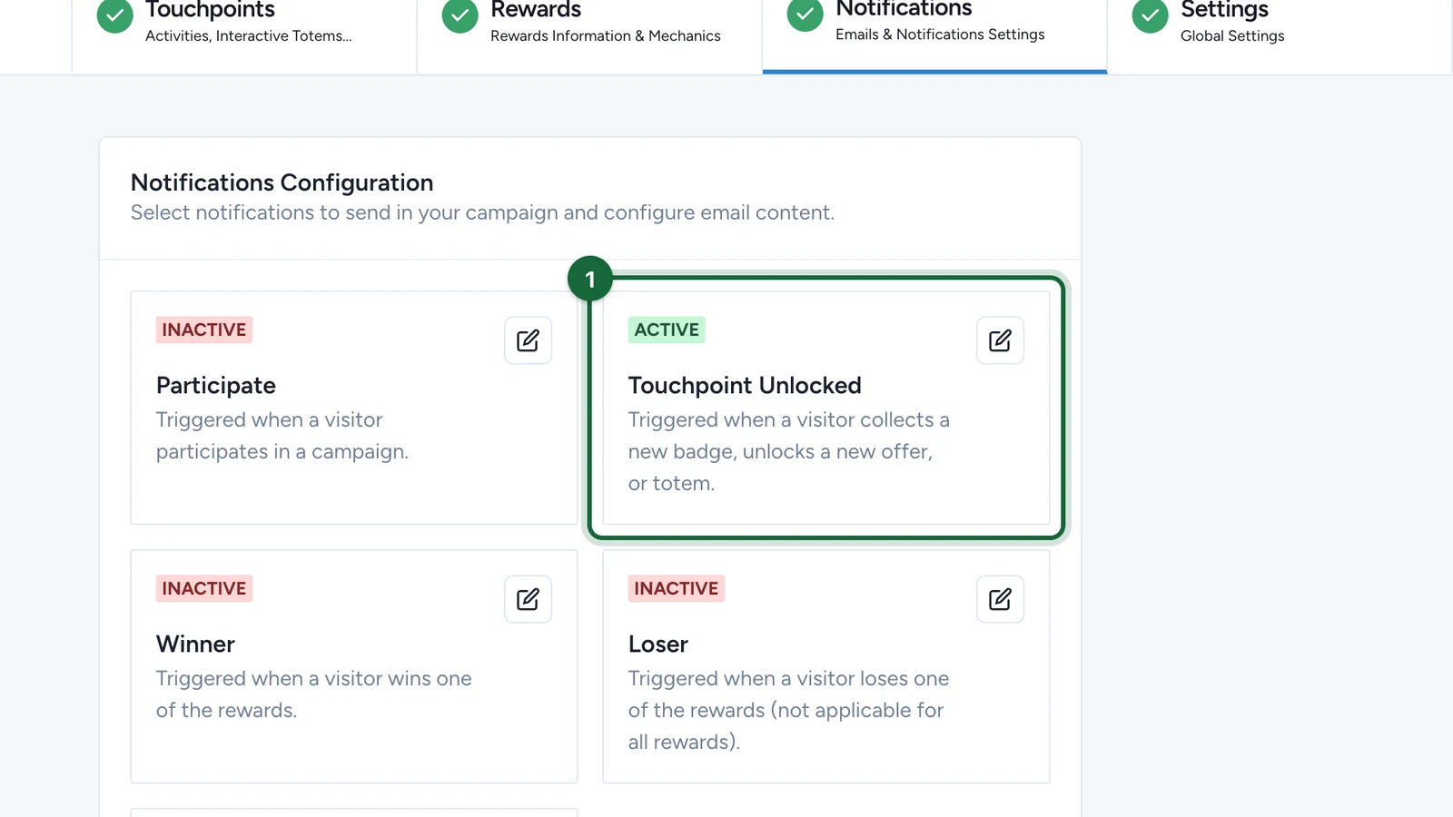Notifications Configuration with the Touchpoint Unlocked card highlighted