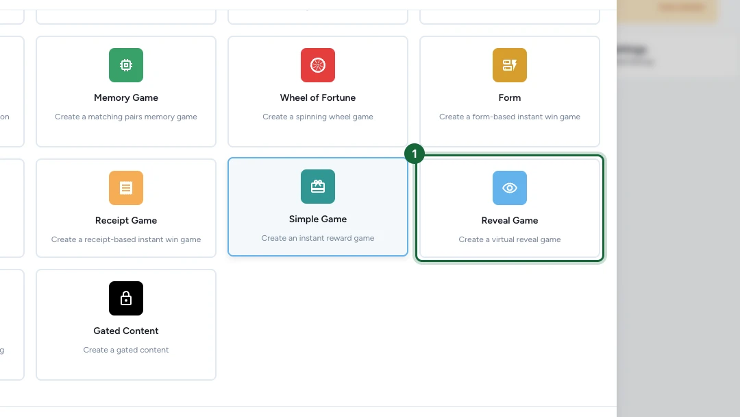 Create a new touchpoint dialog with the Reveal Game tile selected in the type grid