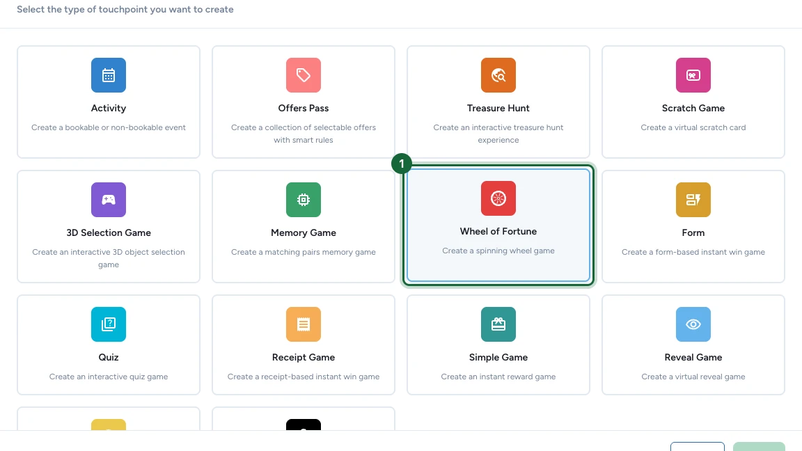 Create a new touchpoint dialog with the Wheel of Fortune tile highlighted among the game types