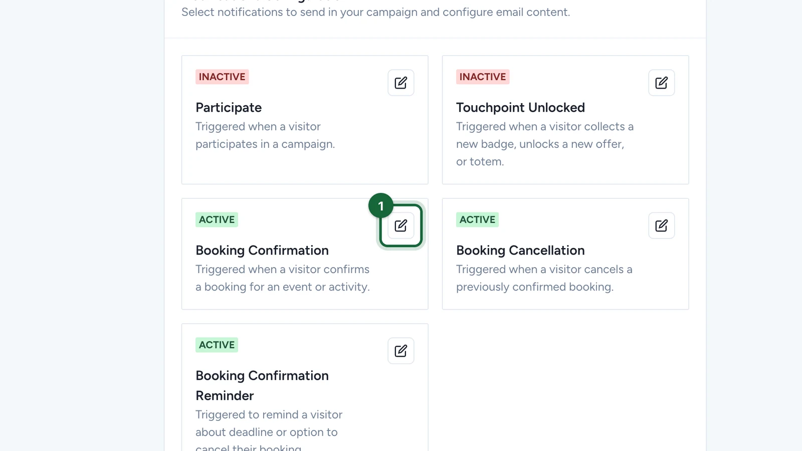 Notifications Configuration with the edit button of Booking Confirmation highlighted