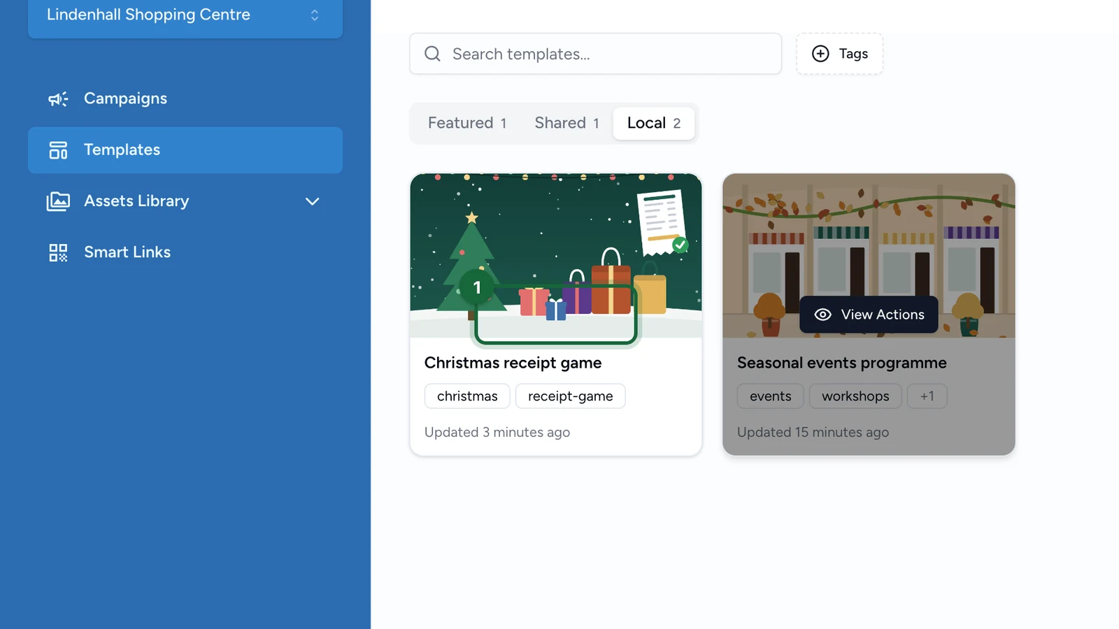 Templates page with View Actions highlighted on the Seasonal events programme template