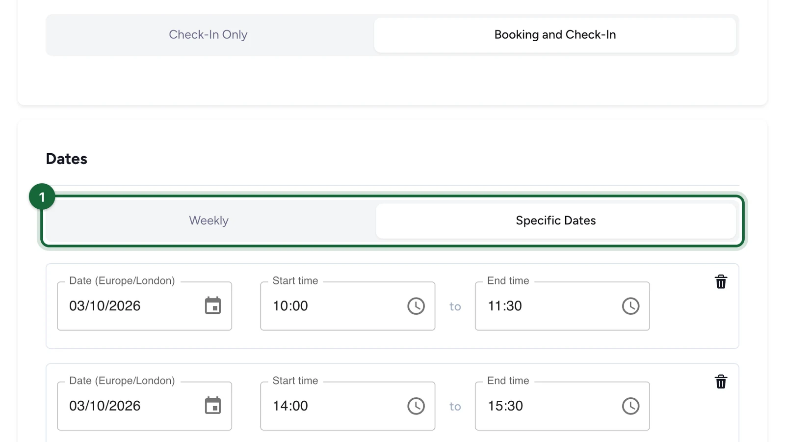 Dates section with the Weekly and Specific Dates options highlighted