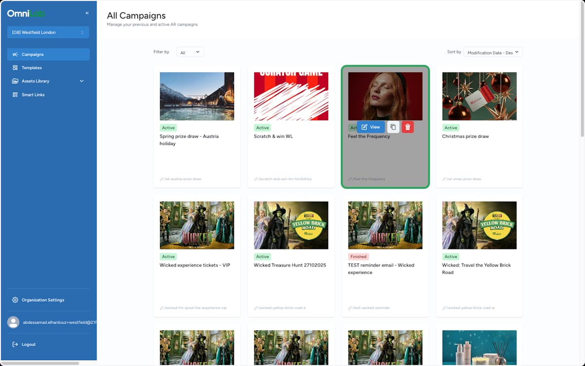 All Campaigns list with a campaign card selected and the View action showing