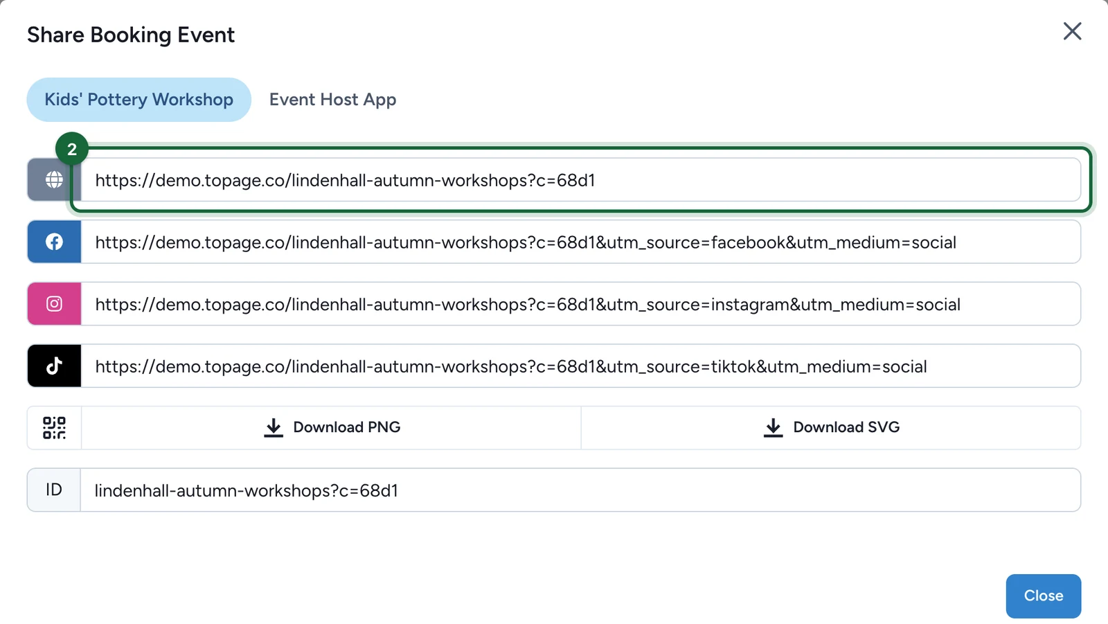Share Booking Event window with the first event link highlighted