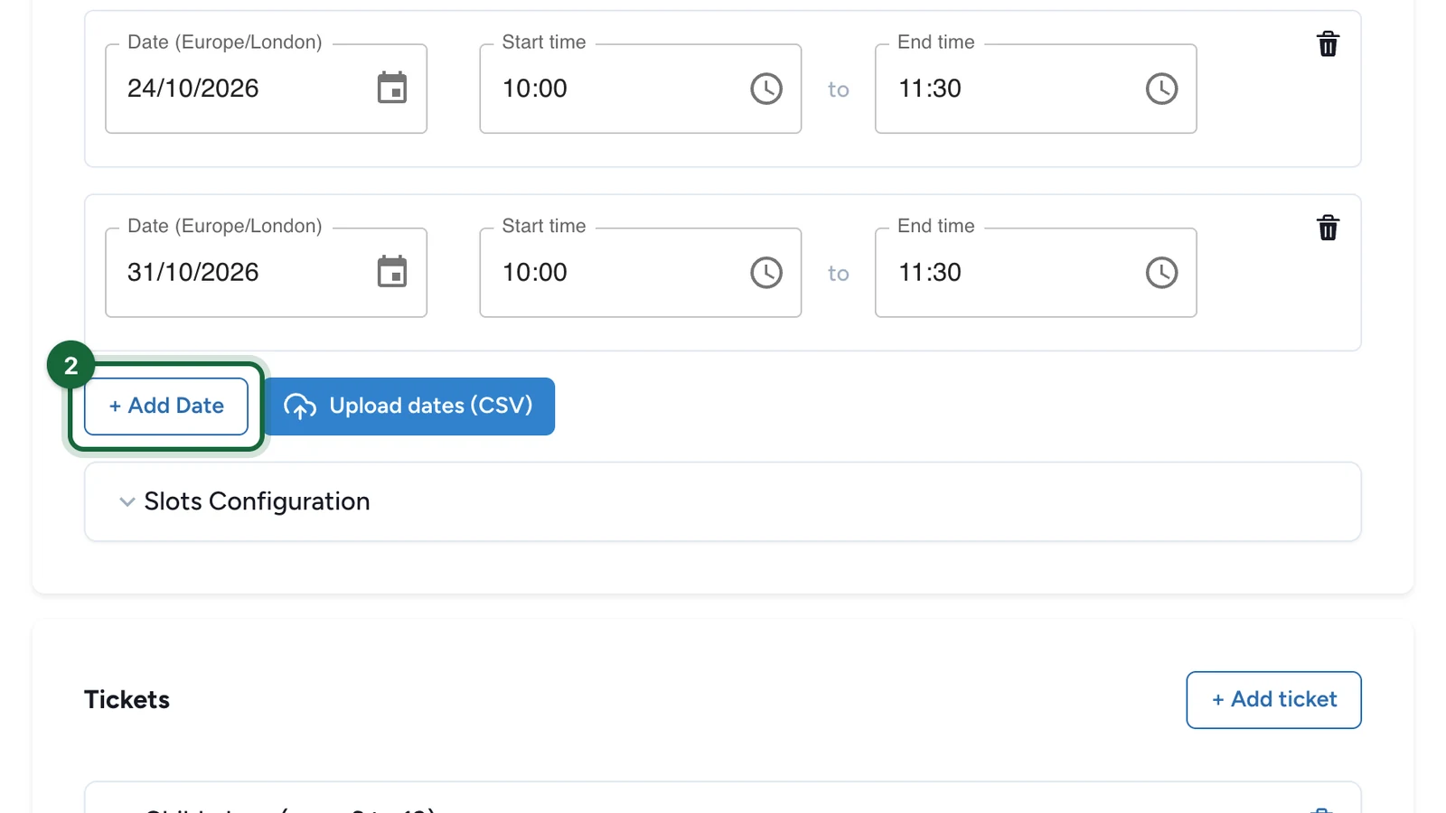 Specific dates list with the + Add Date button highlighted