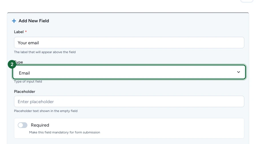 Add-field editor with the Type dropdown set to Email and highlighted