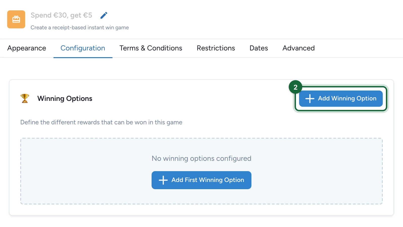 Winning Options section with the Add Winning Option button highlighted