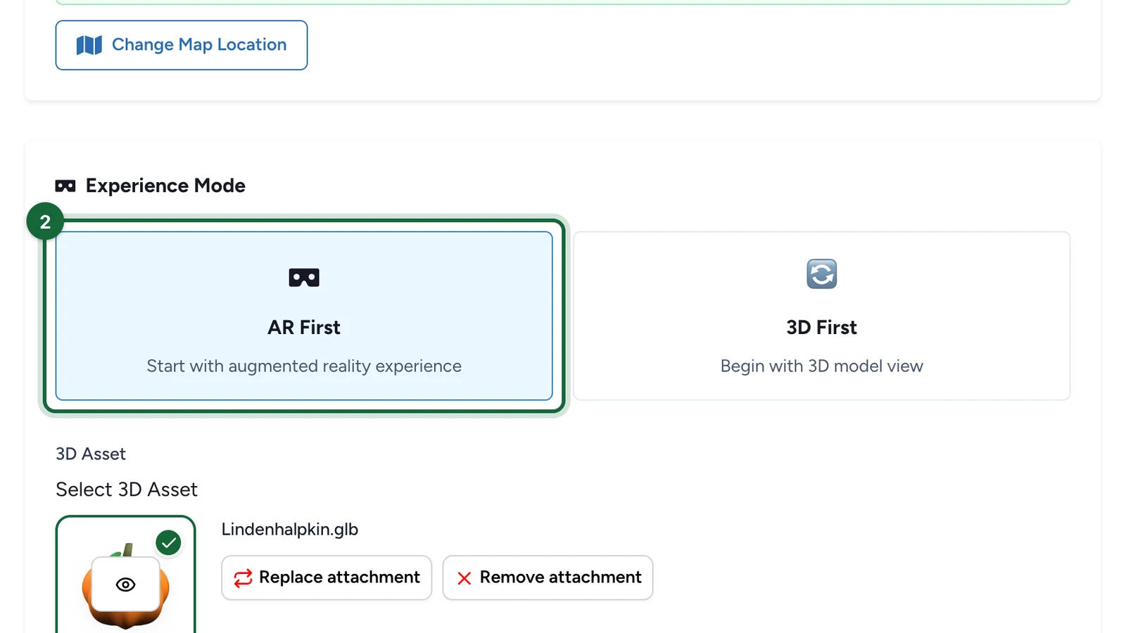 Experience Mode with AR First selected, highlighted