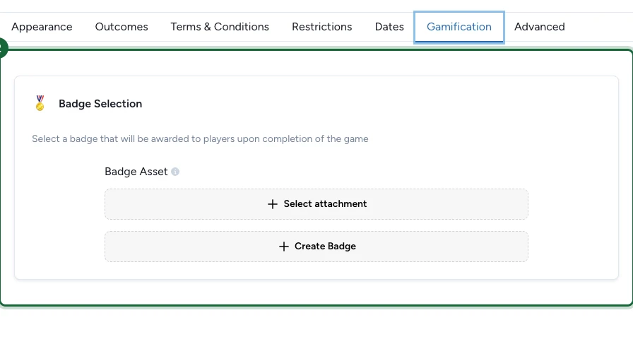 Onglet Gamification montrant Badge Selection avec les boutons Select attachment et Create Badge mis en évidence