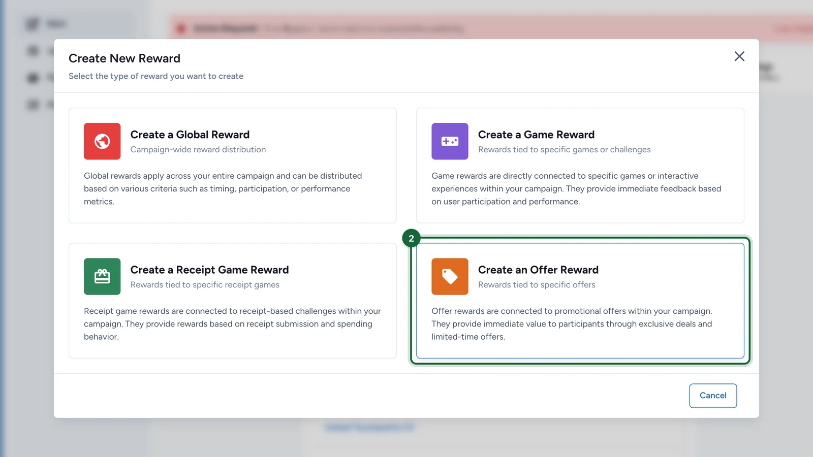 Create New Reward window with Create an Offer Reward highlighted