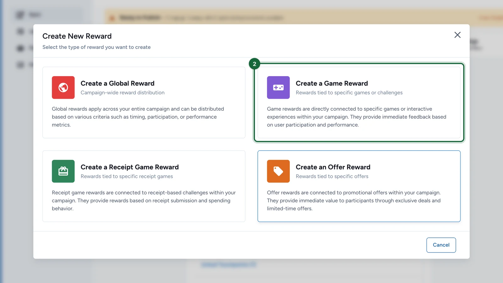 Create New Reward window with Create a Game Reward highlighted
