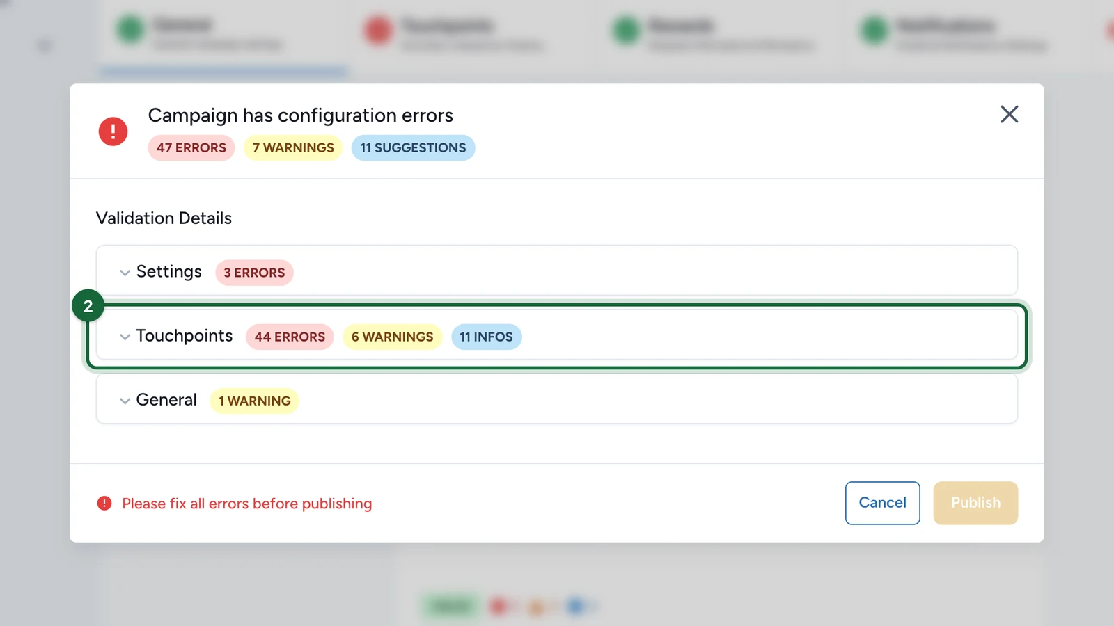 Validation window with 47 errors and the Touchpoints area highlighted