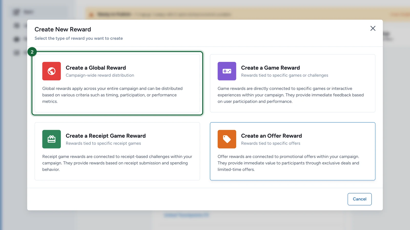 Create New Reward window with Create a Global Reward highlighted