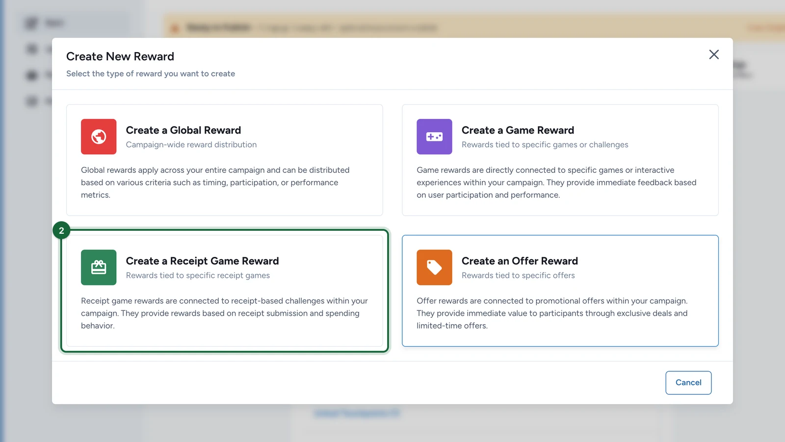 Create New Reward window with Create a Receipt Game Reward highlighted