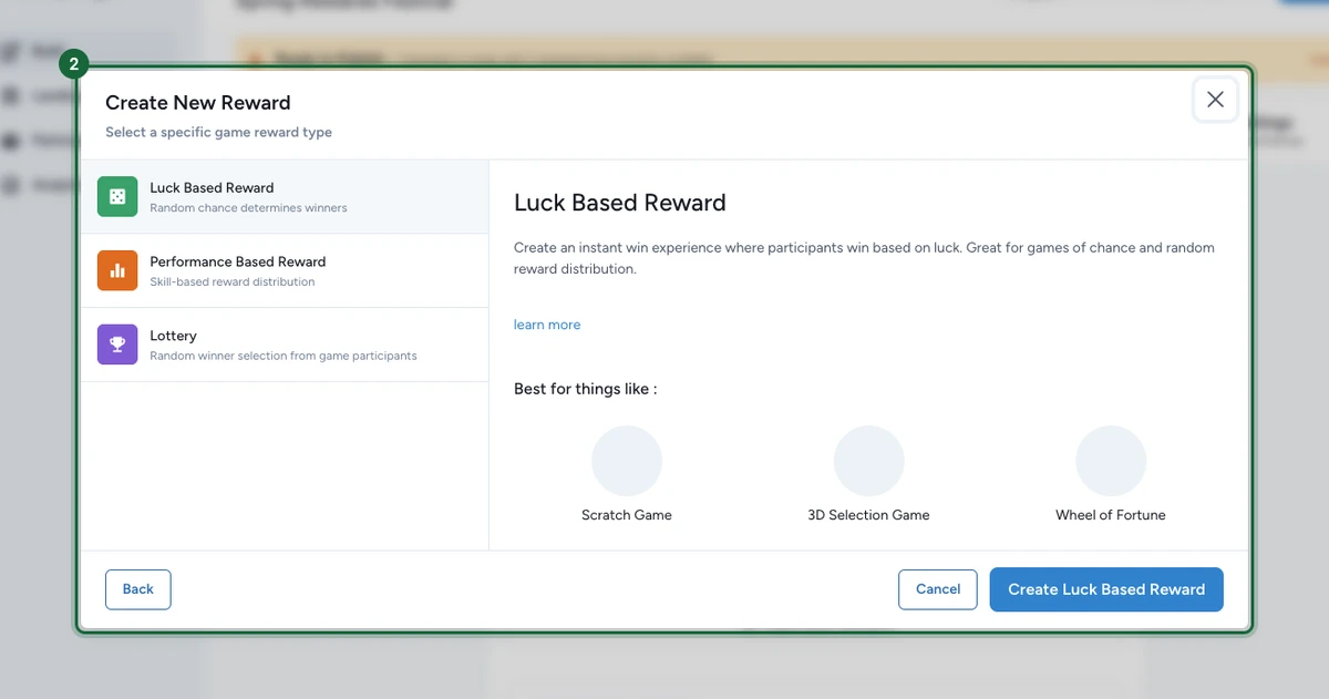 Create New Reward dialog showing the specific Game reward types — Luck Based, Performance Based, and Lottery — with the confirm button highlighted