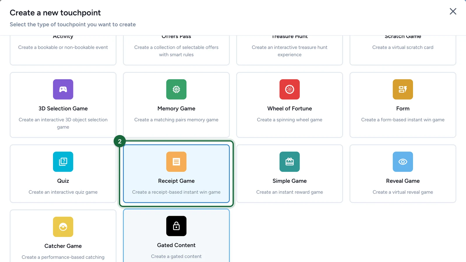 Create a new touchpoint window with the Receipt Game card selected