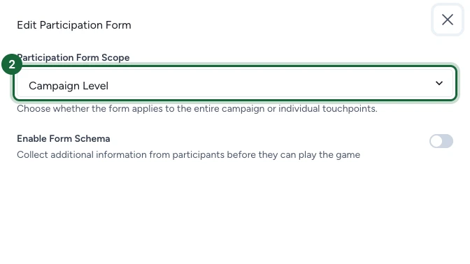 Edit Participation Form dialog with the Participation Form Scope selector highlighted, showing Campaign Level and Touchpoint Level