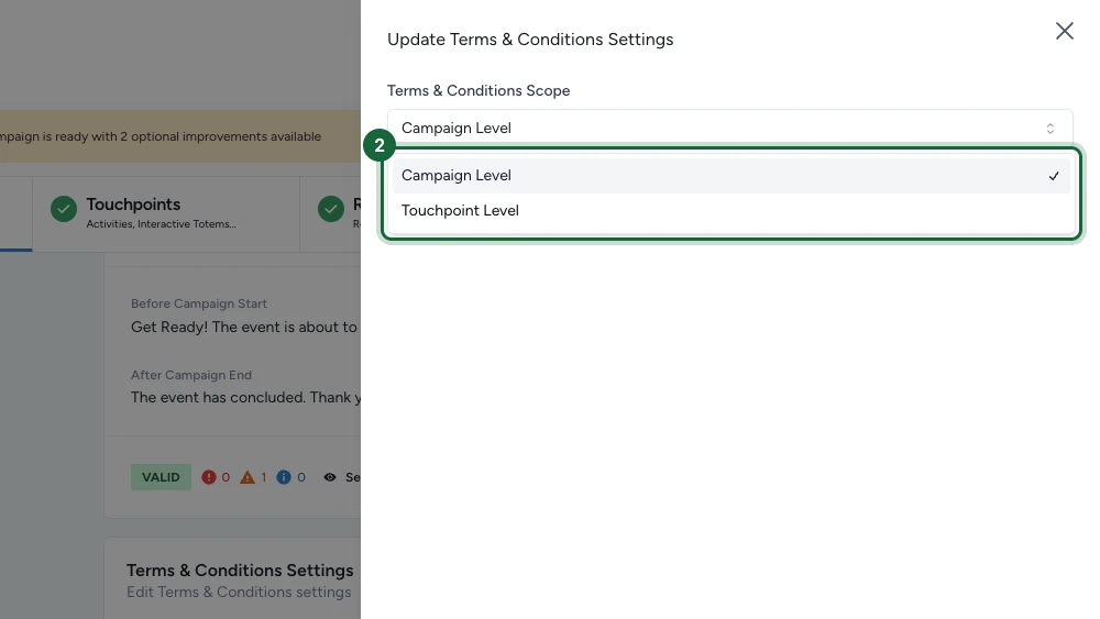 Update Terms & Conditions Settings dialog with the Scope dropdown open, showing Campaign Level and Touchpoint Level