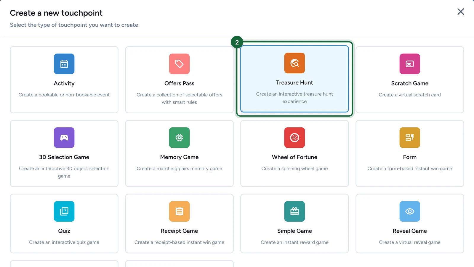 Create a new touchpoint window with the Treasure Hunt card selected