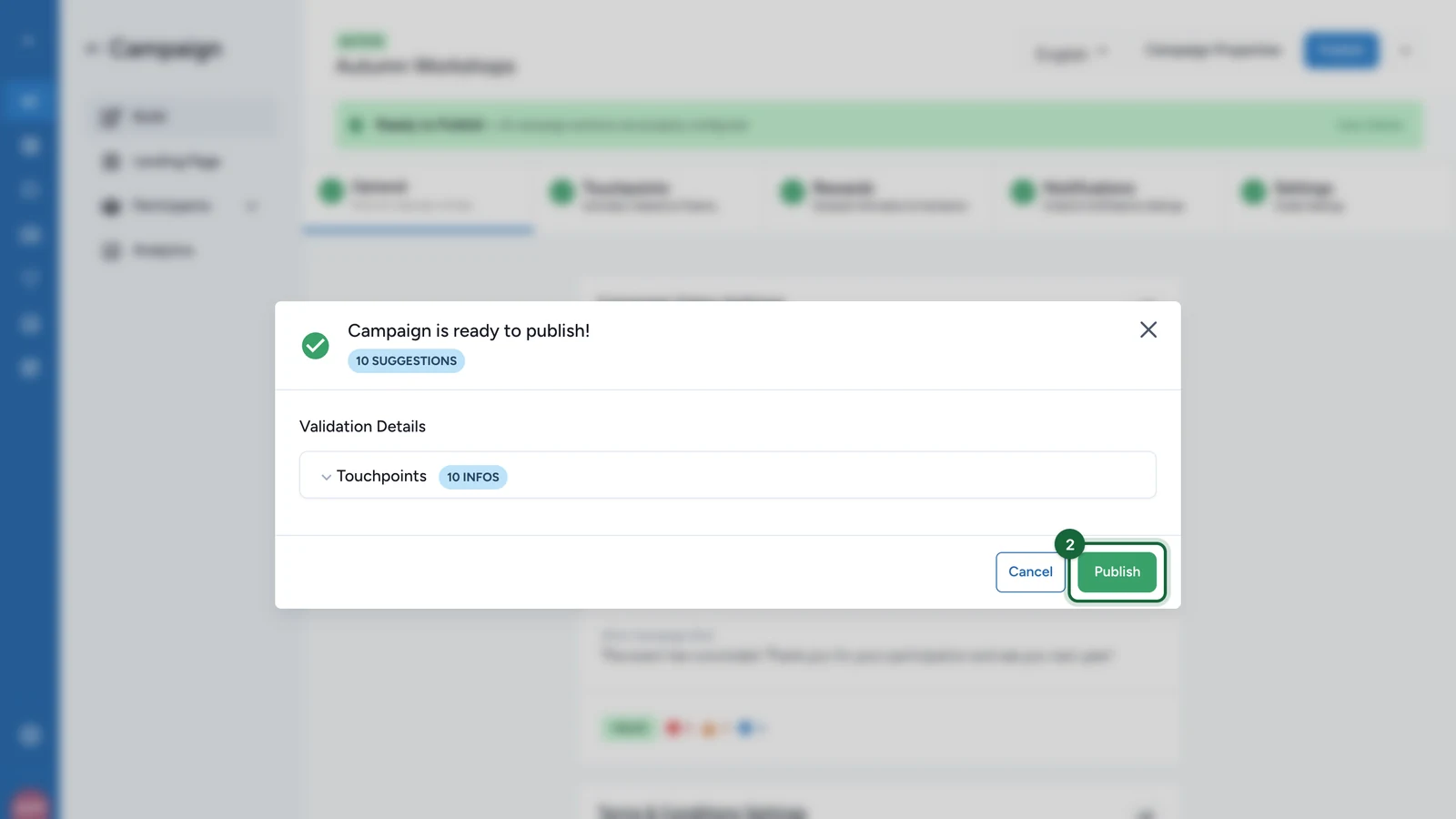 Publish window saying the campaign is ready to publish, with the Publish button highlighted