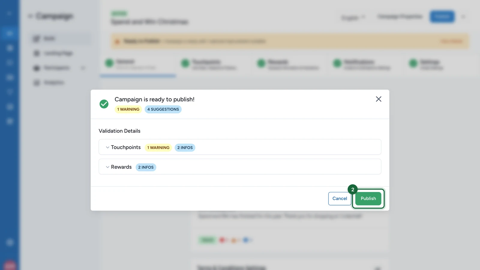 Publish window with one warning and suggestions, and the Publish button highlighted