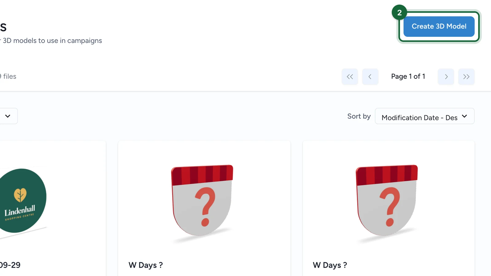 3D Models page with the Create 3D Model button highlighted