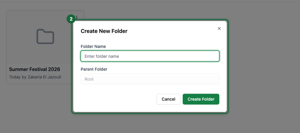 Fenêtre Create New Folder avec les champs Folder Name et Parent Folder, prête à confirmer avec Create Folder