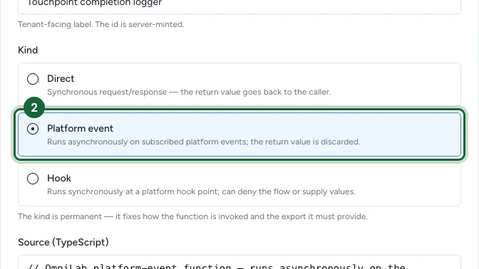 Fenêtre Create function avec le nom renseigné et le type Platform event sélectionné