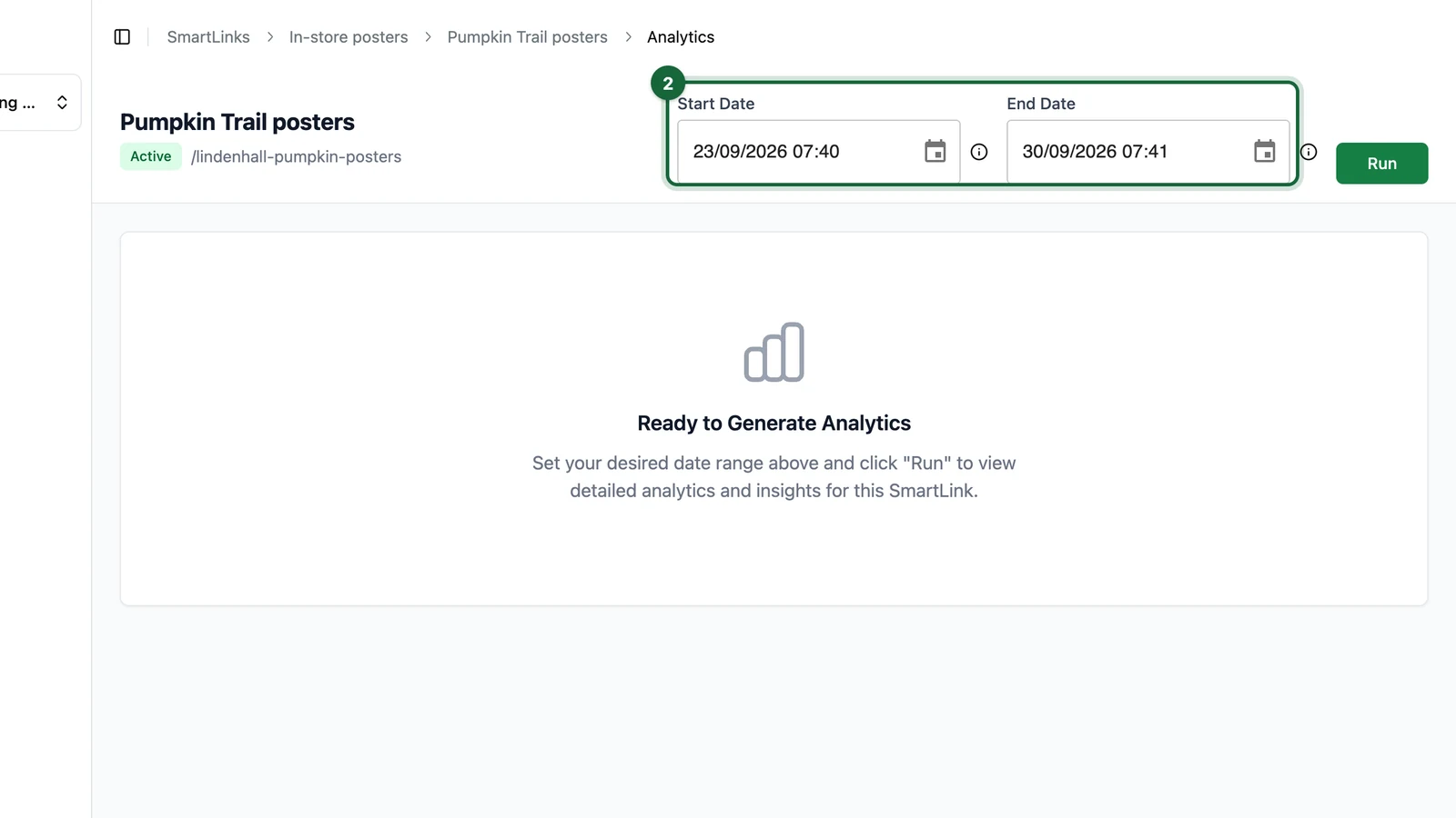 Analytics page with the Start Date and End Date highlighted