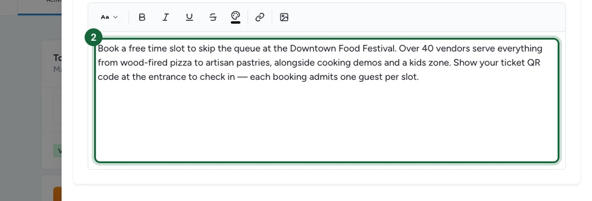 Éditeur de texte enrichi de la Description dans Event Details, avec un paragraphe décrivant l'événement