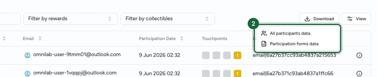 Download menu showing All participants data and Participation forms data options