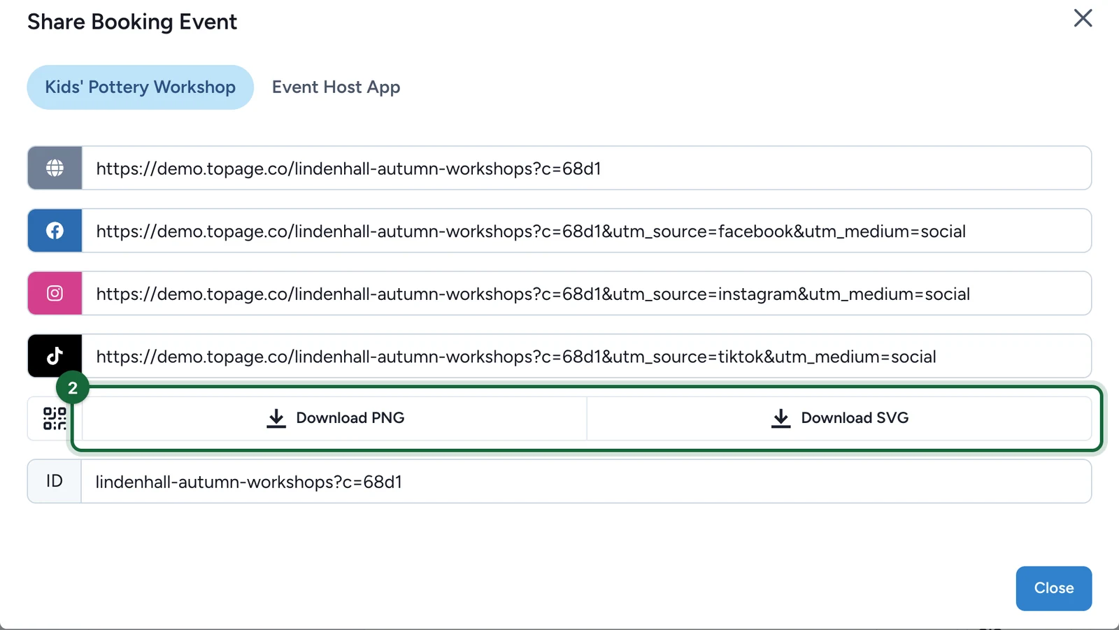 Share Booking Event window with Download PNG and Download SVG highlighted