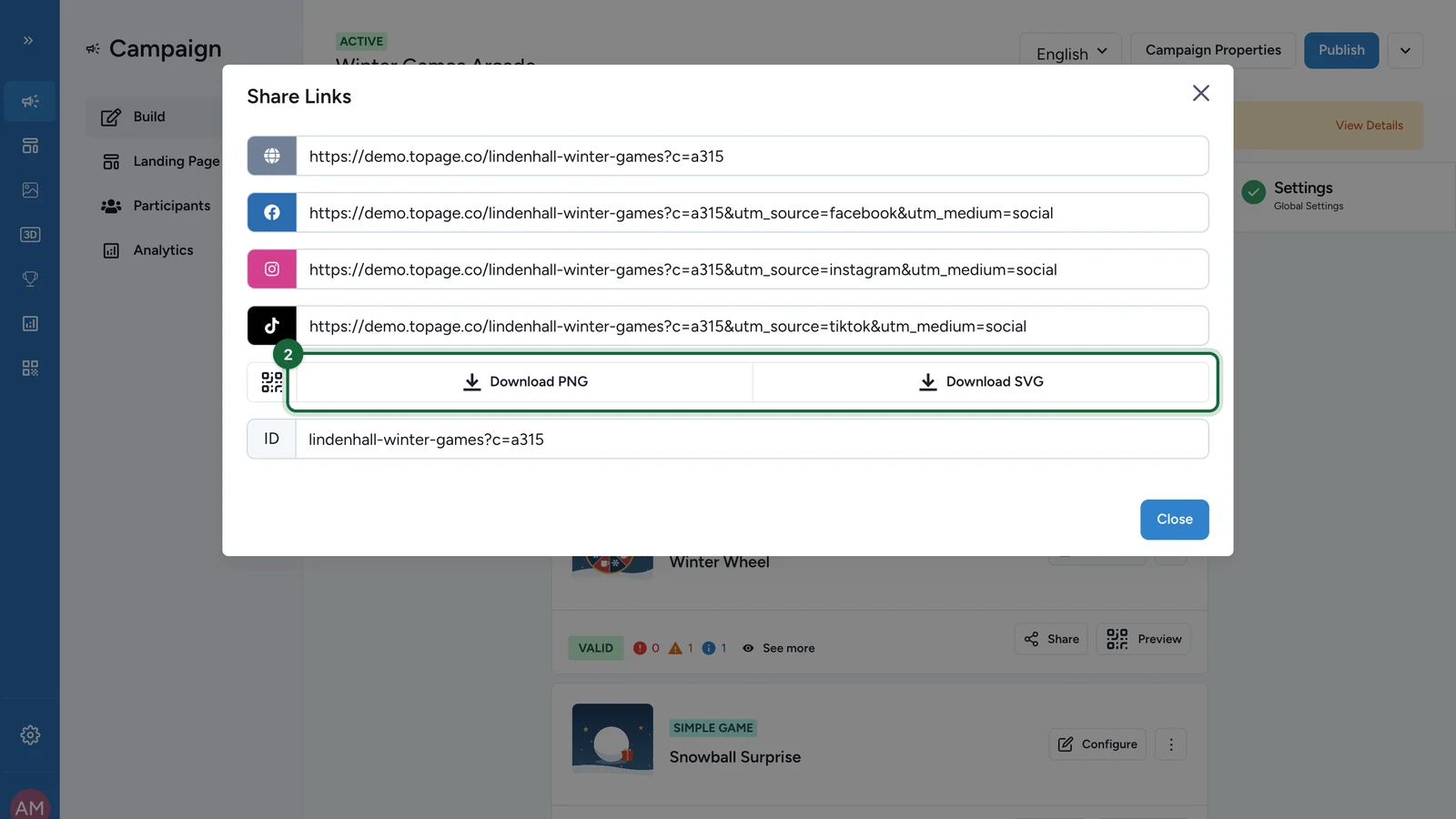 Share Links window with the Download PNG and Download SVG buttons highlighted