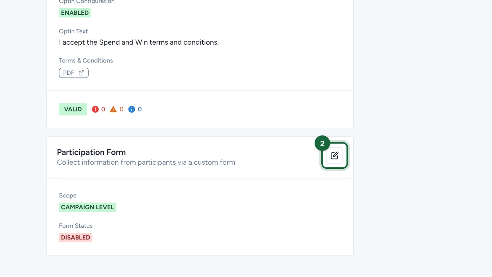 Participation Form card with its edit button highlighted