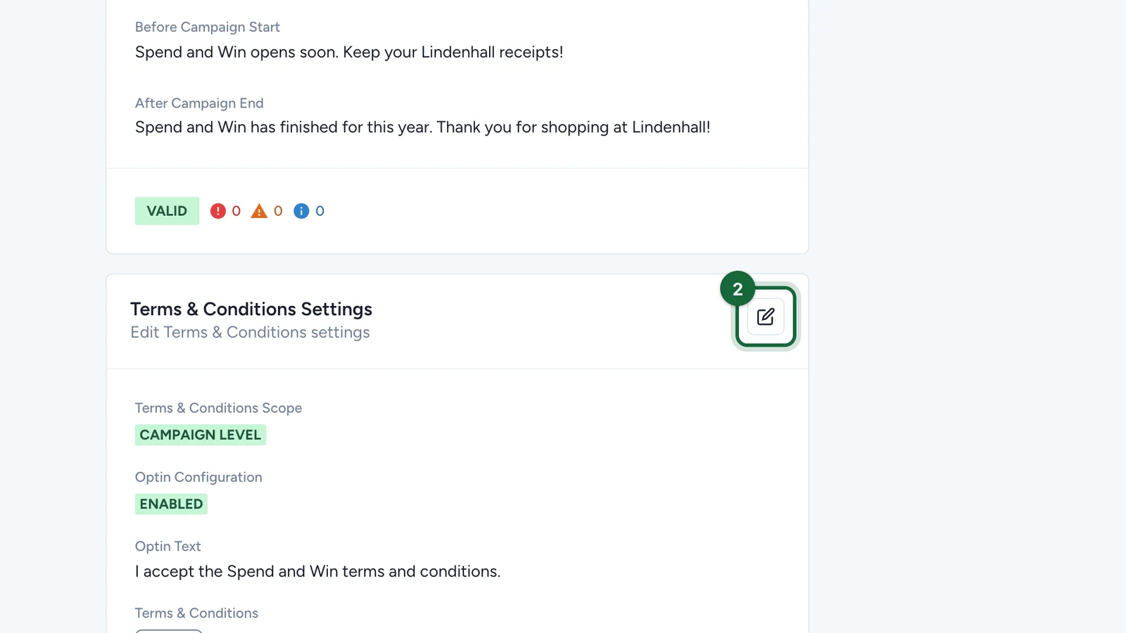 Terms & Conditions Settings card with its edit button highlighted