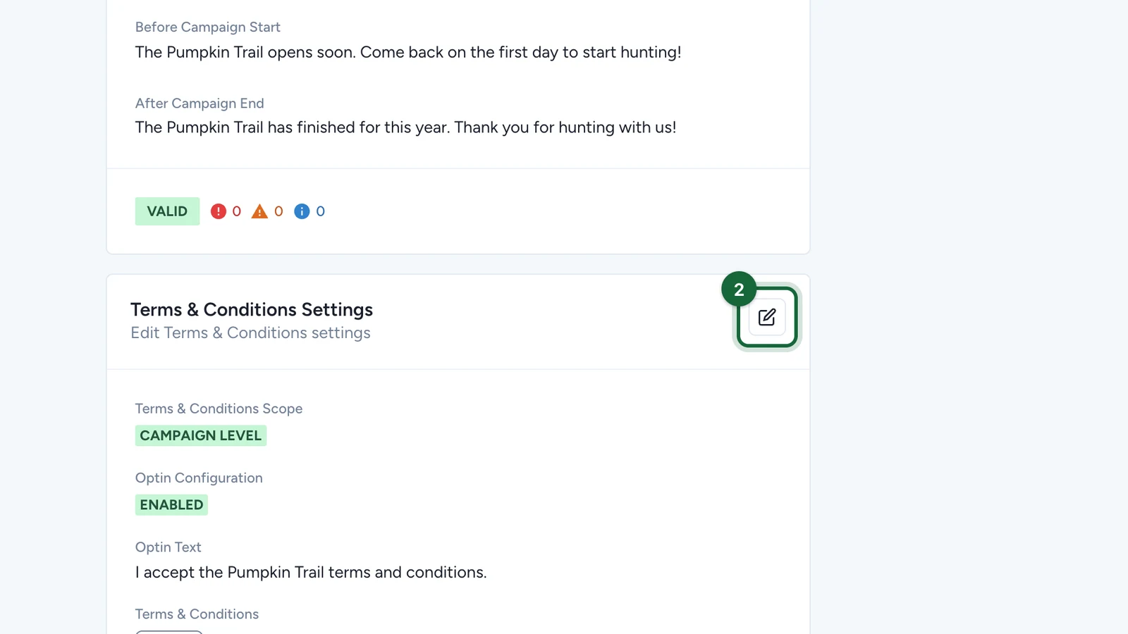 Terms & Conditions Settings card with its edit button highlighted