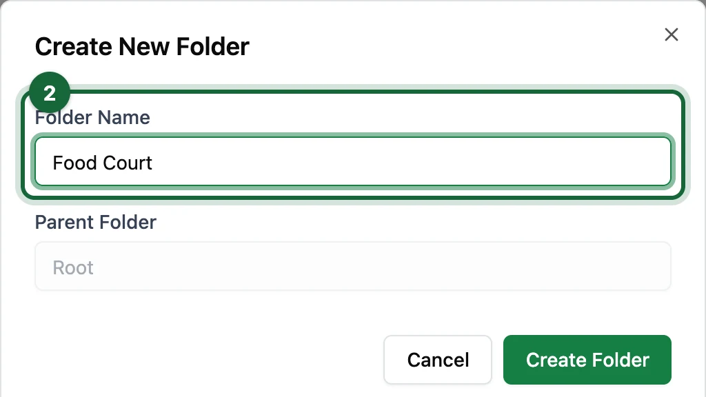 Create New Folder window with the Folder Name Food Court, highlighted