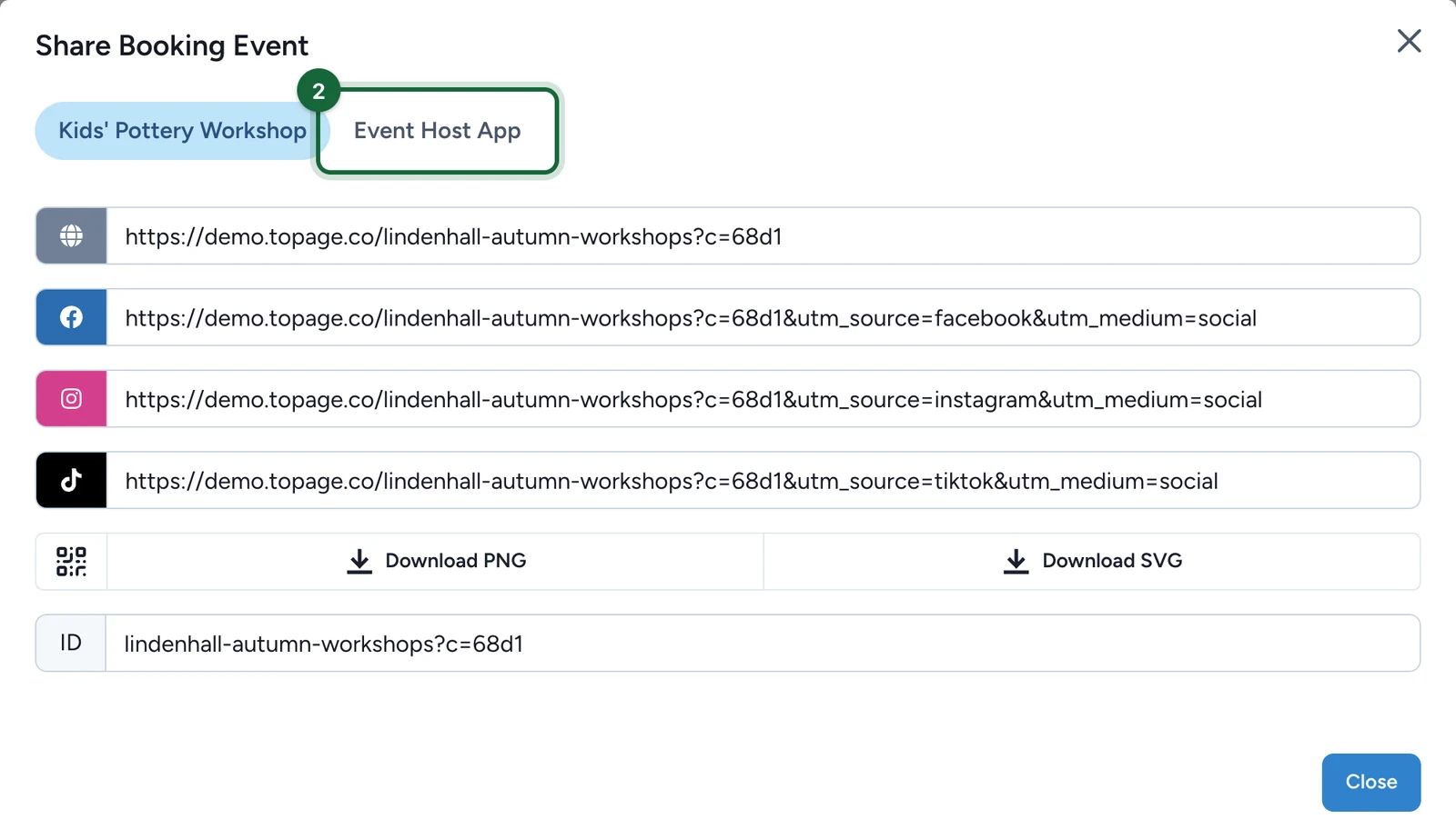 Share Booking Event window with the Event Host App tab highlighted