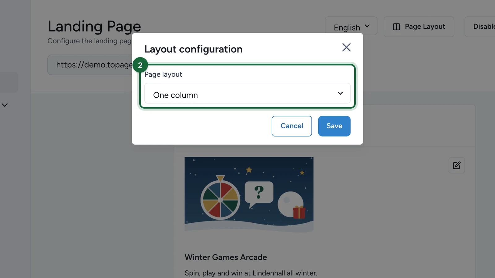 Layout configuration window with Page layout set to One column, highlighted