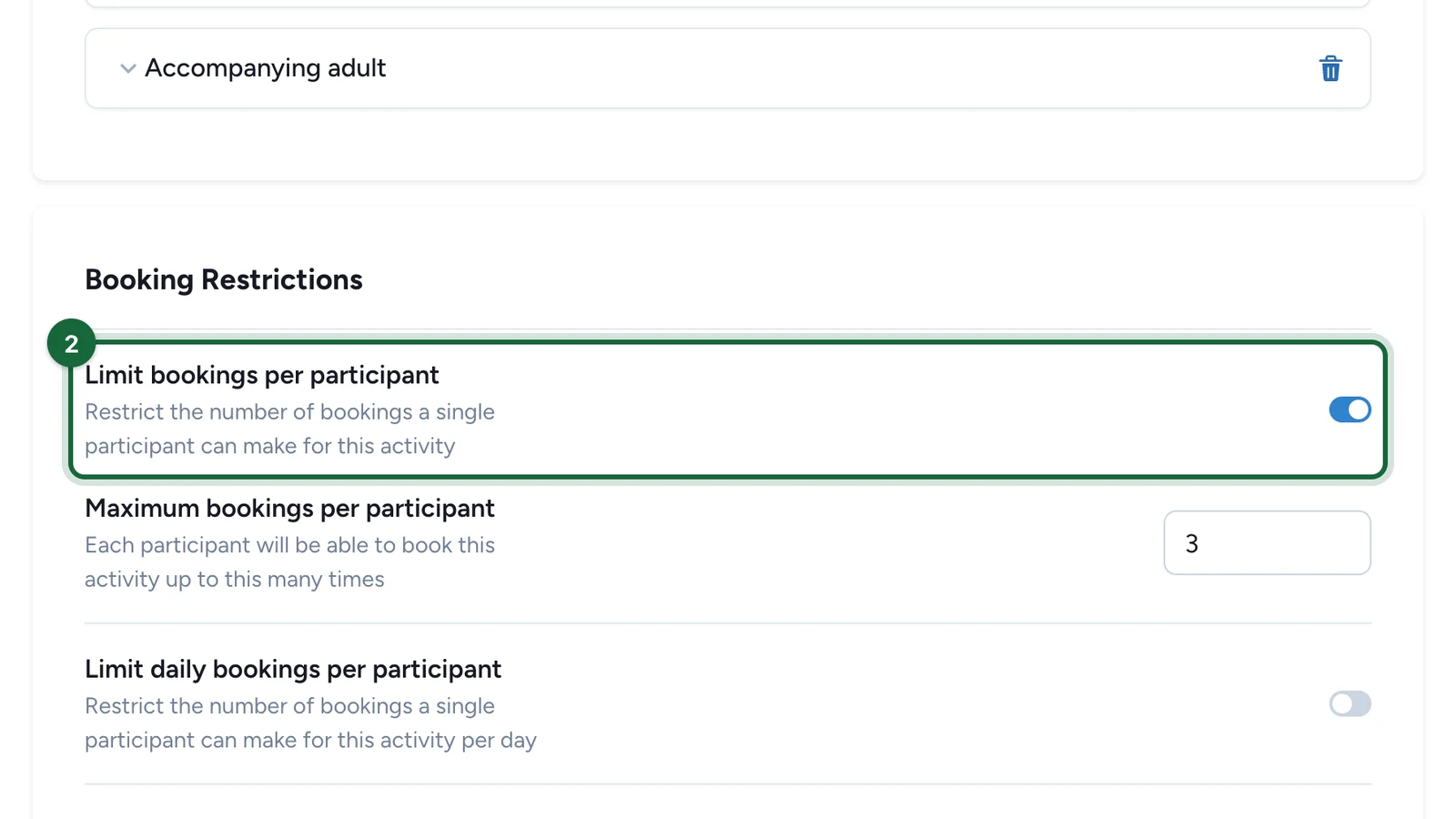 Limit bookings per participant switch turned on, highlighted