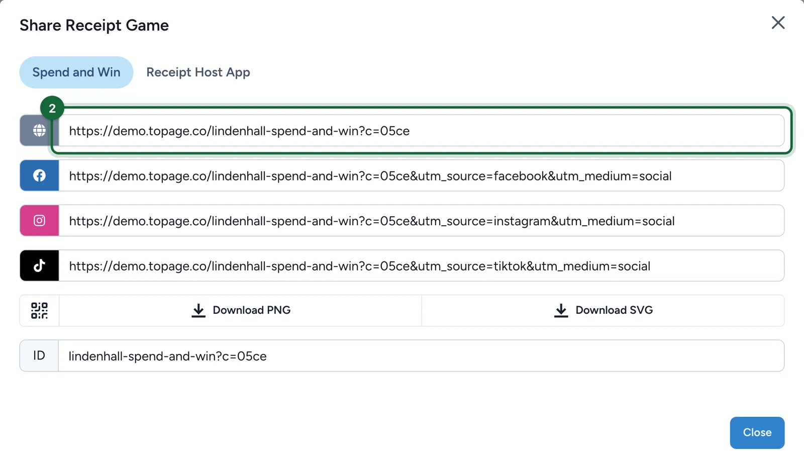 Share window with the first link, ending in ?c=05ce, highlighted