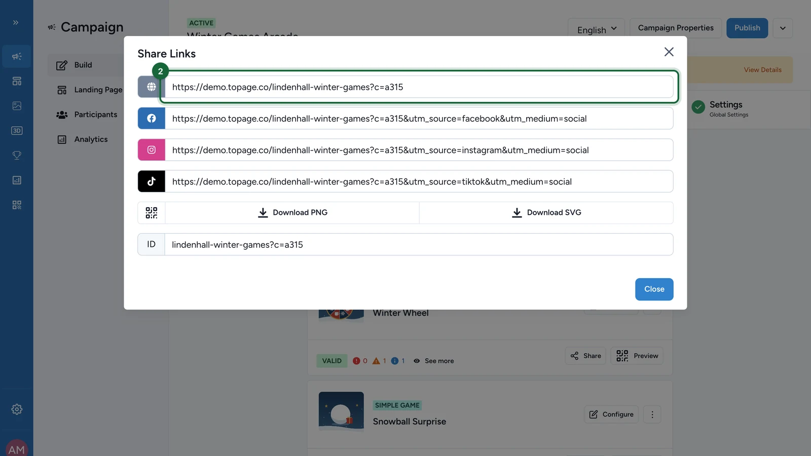 Share Links window with the direct link to the Winter Wheel highlighted