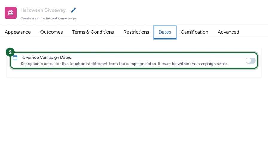 Onglet Dates avec le toggle Override Campaign Dates mis en évidence