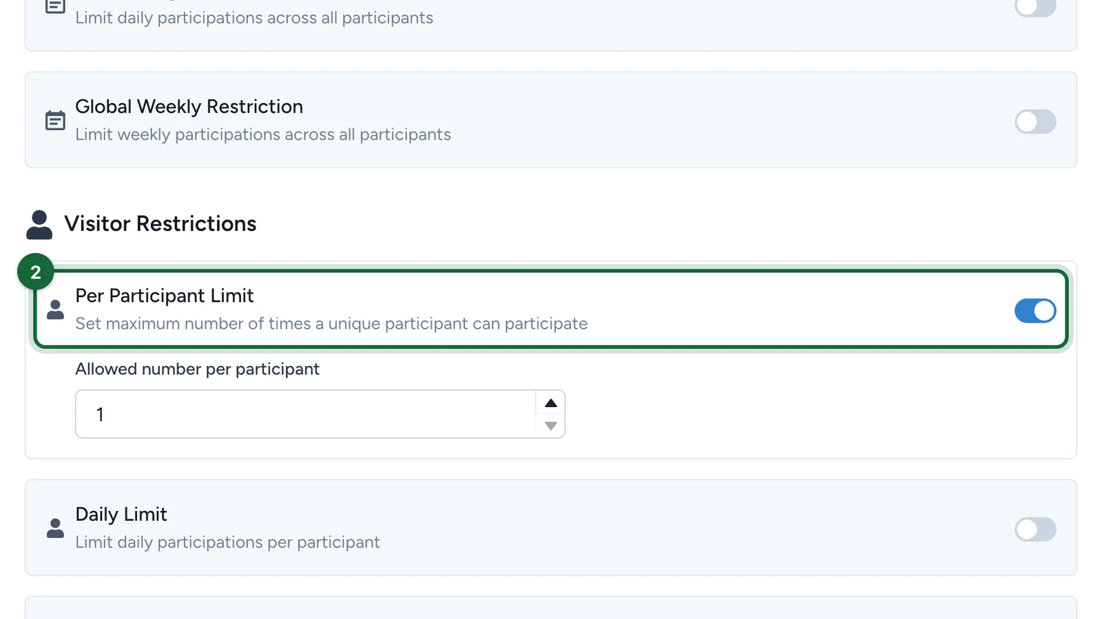 Per Participant Limit switched on, highlighted