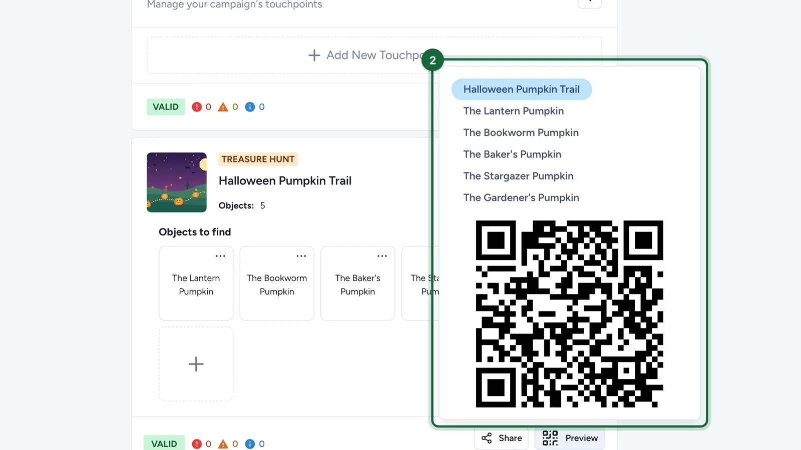 Preview popover listing the hunt and its five objects, with a QR code, highlighted