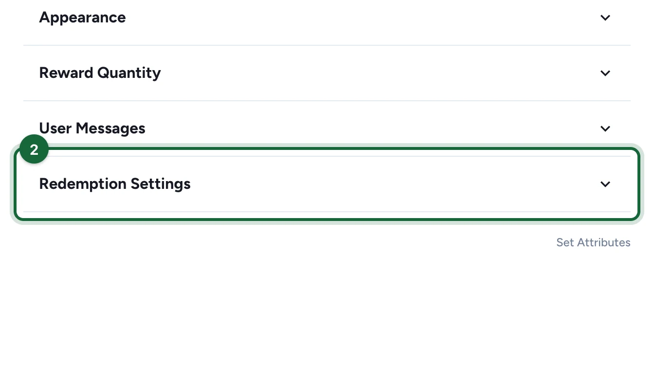 Reward settings with the Redemption Settings section highlighted